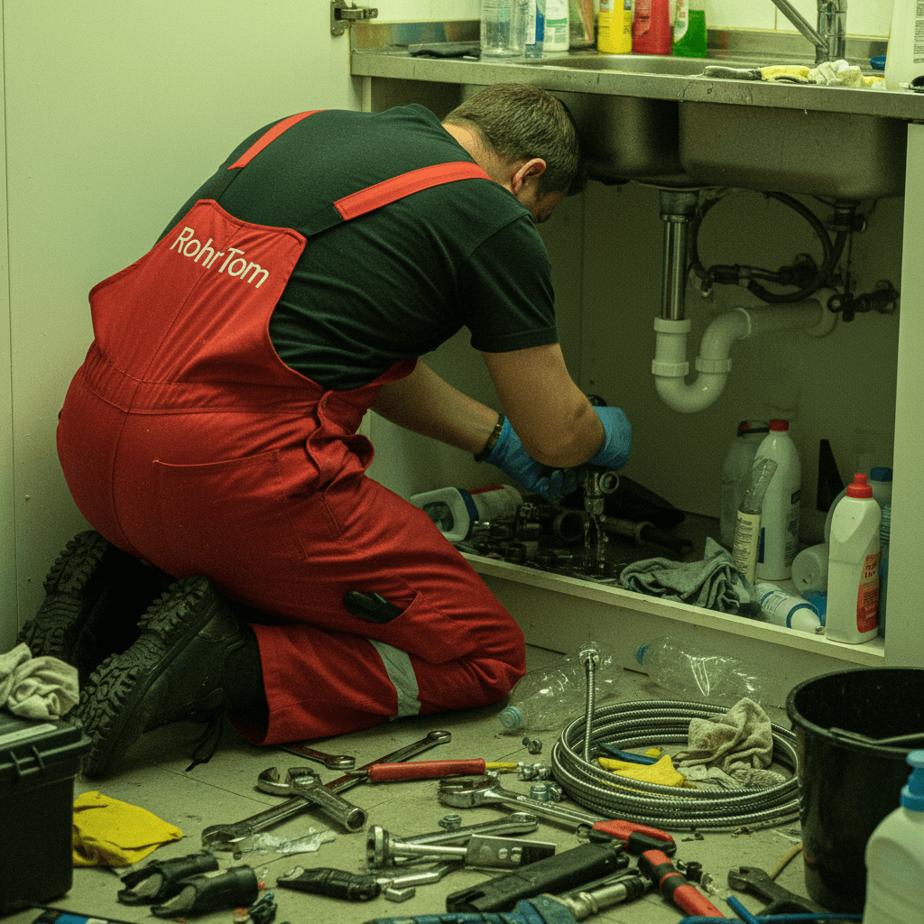 Monteur führt eine kleine Inspektionskamera in ein geöffnetes Abflussrohr am Boden ein, Monitor zeigt die Innenansicht der Leitung