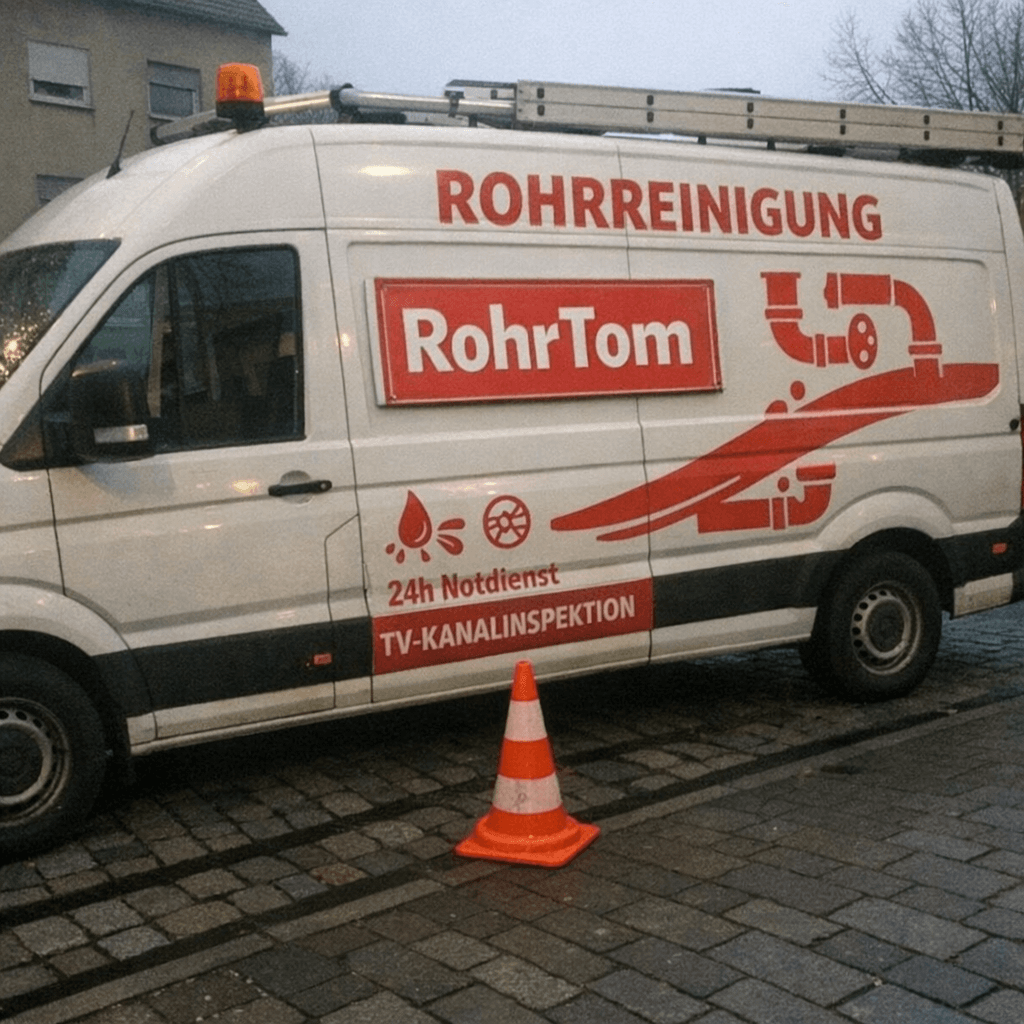 Servicetechniker nimmt eine Motorspirale aus dem Transporter, Einsatz wegen Abflussverstopft Waldkatzenbach vor einem Einfamilienhaus
